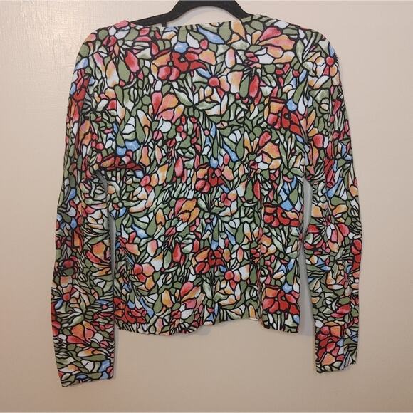 Talbots Size Medium Cotton Zipper Stained Glass Sweater Abstract Floral Print - Picture 8 of 9